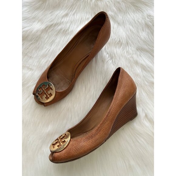 Tory Burch Women's SZ 8 Sally 2 peep toes wedge tan brown - Picture 3 of 10